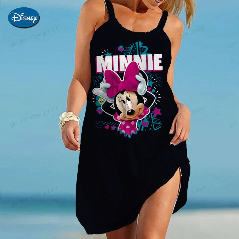 2024 Summer Retro Mickey Mouse Printed Party Dress for Women Elegant and Sexy Sleeveless Dress for Women Fashion Beach Dress