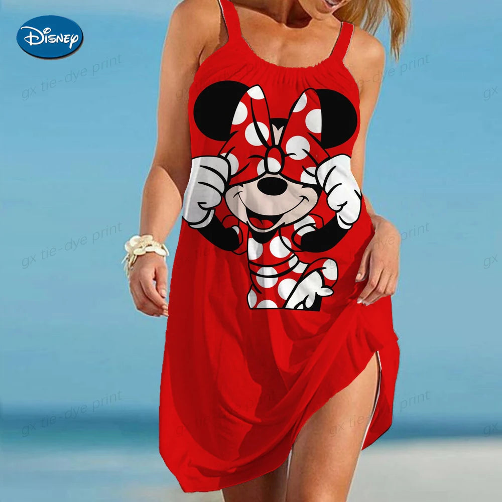 2024 Summer Retro Mickey Mouse Printed Party Dress for Women Elegant and Sexy Sleeveless Dress for Women Fashion Beach Dress