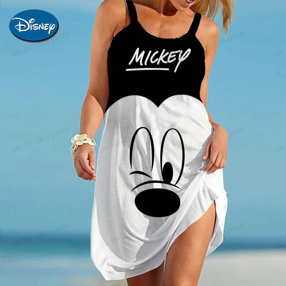 2024 Summer Retro Mickey Mouse Printed Party Dress for Women Elegant and Sexy Sleeveless Dress for Women Fashion Beach Dress