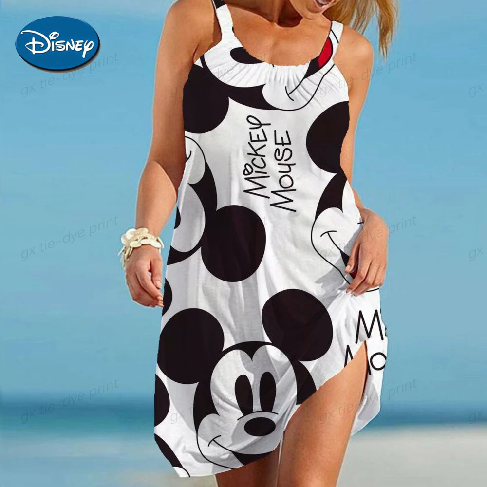 2024 Summer Retro Mickey Mouse Printed Party Dress for Women Elegant and Sexy Sleeveless Dress for Women Fashion Beach Dress